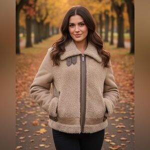 Ashley B by Bernardo Tan Brown Teddy Faux Leather Jacket Coat Sz L NWOT Hippie